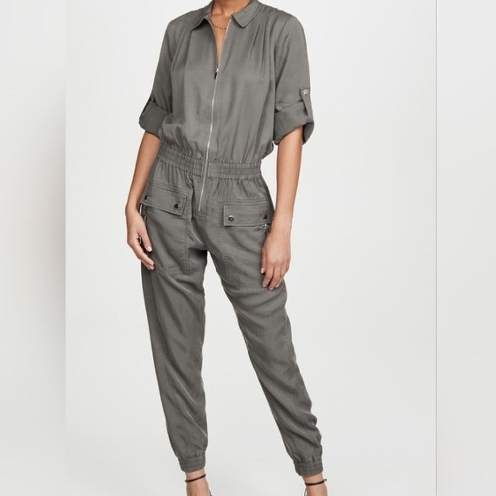 ATM Anthony Thomas Melillo Washed Silk-Like Utility Jumpsuit‎ Olive Drab Sz XS